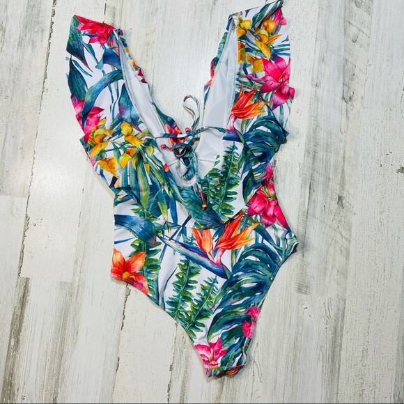 Floral Ruffled Monokini Plunging V-Neck Tie Back High-Cut - Picture 5 of 8